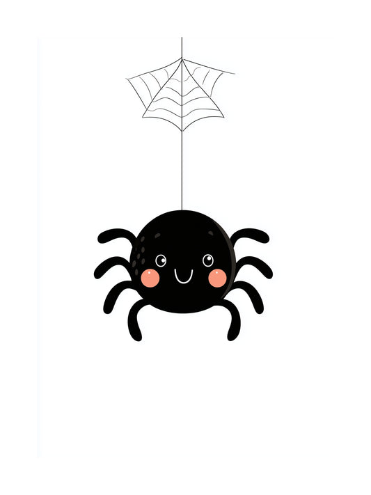 Poster of a smiling cartoon spider hanging from a web