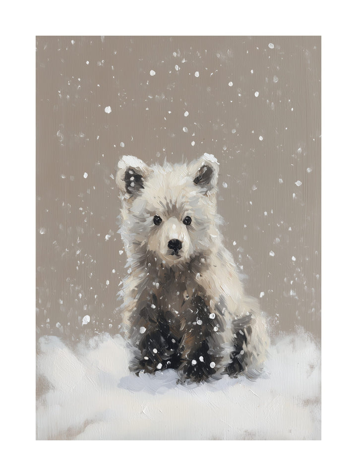 Painting of a fluffy bear cub sitting in snow with snowflakes falling around.