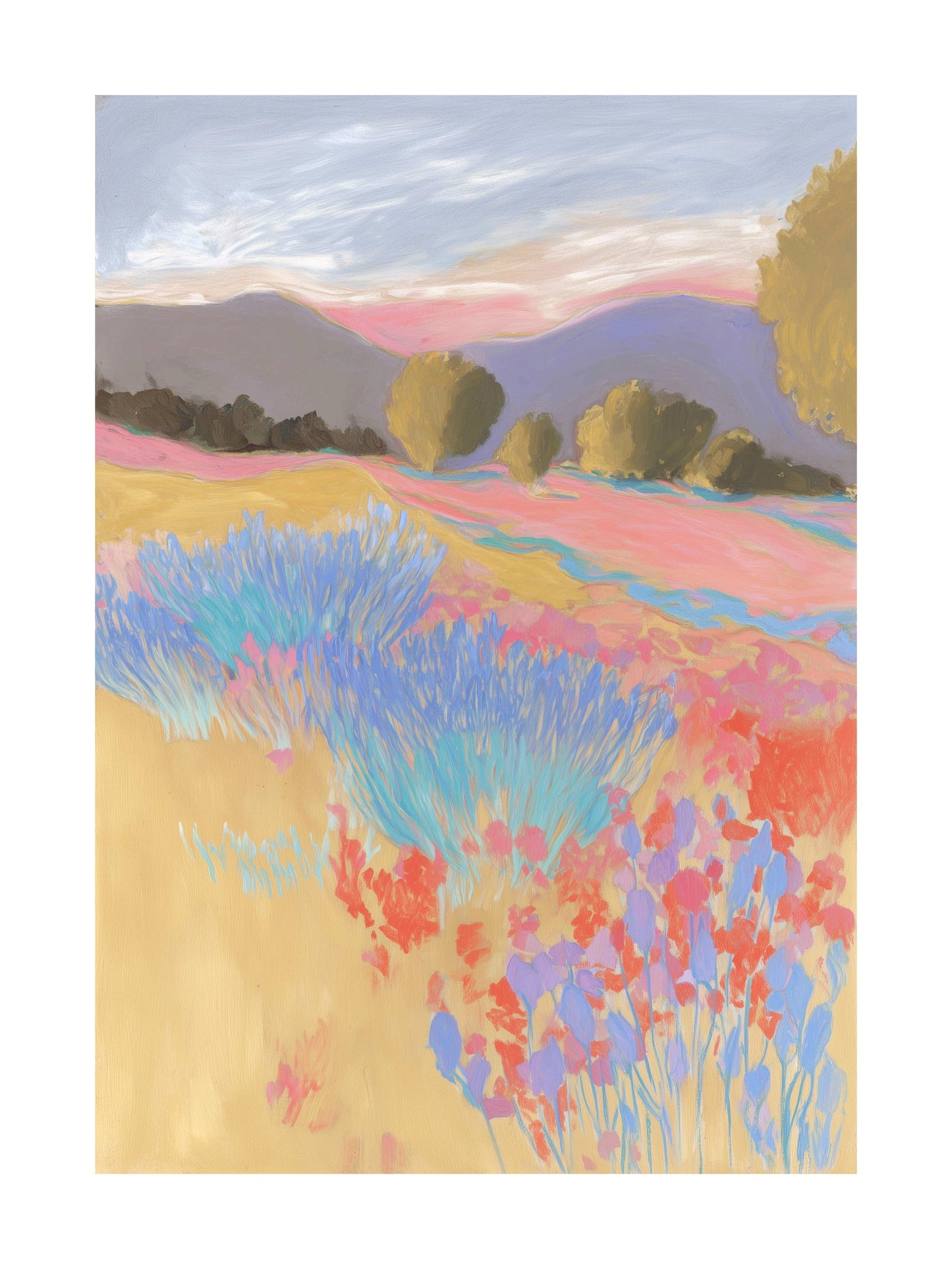 Sunset over colorful wildflower meadows and hills