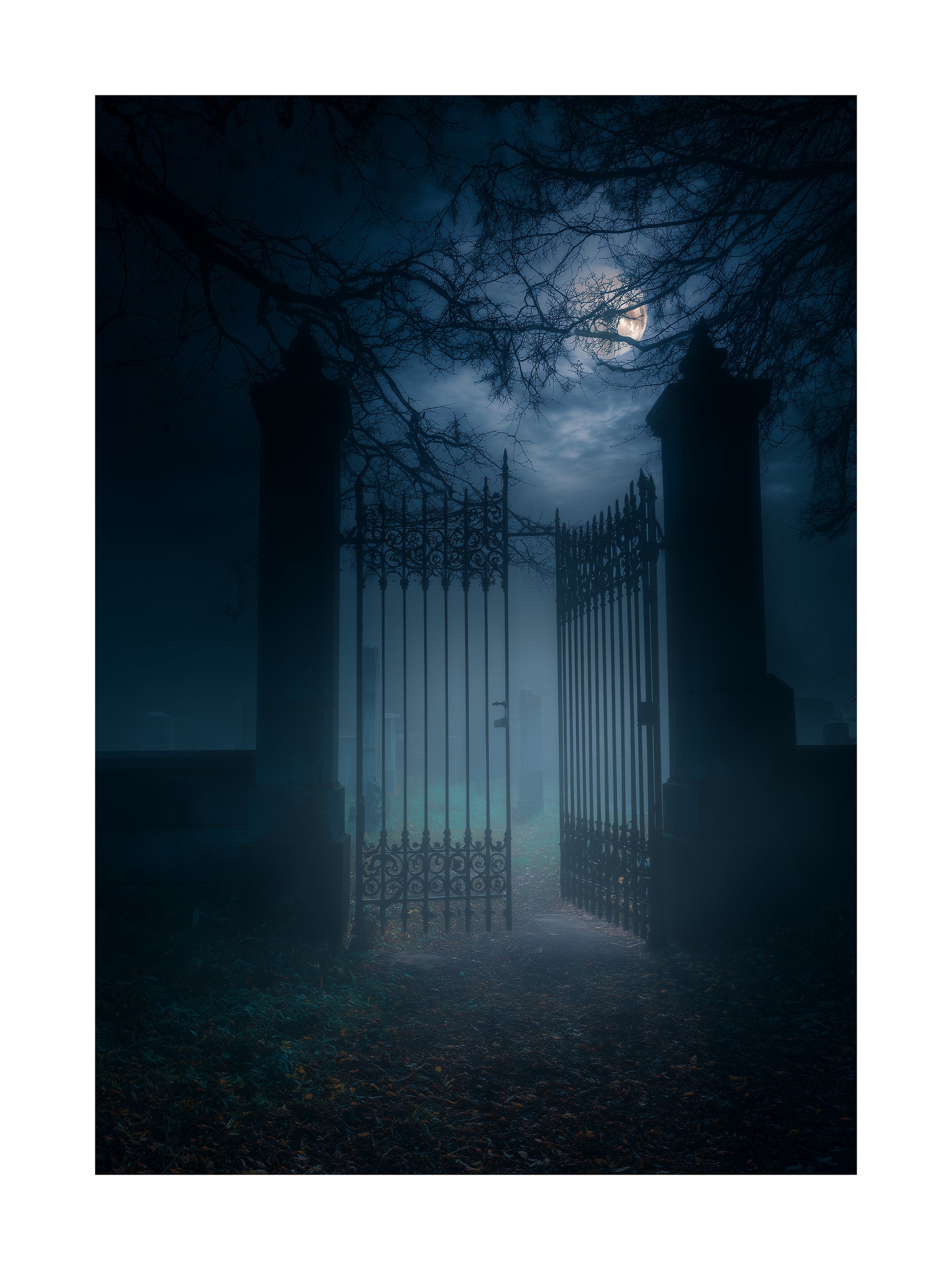 Poster of an iron cemetery gate at night with moonlight