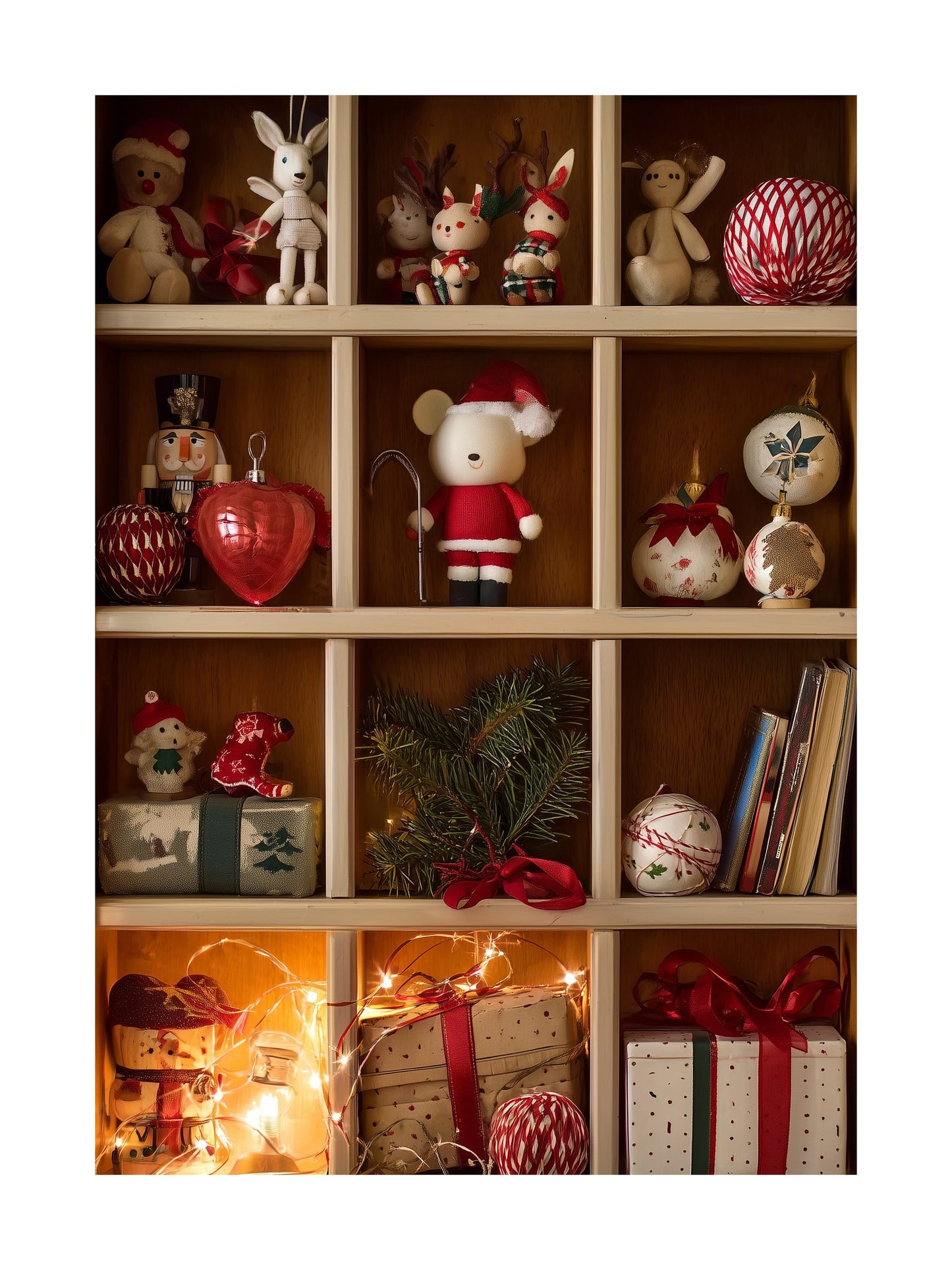 Wooden shelf decorated with Christmas toys, ornaments, gifts, and fairy lights