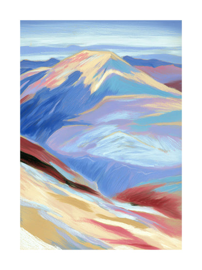 Pastel mountain top view with layered hills and sky
