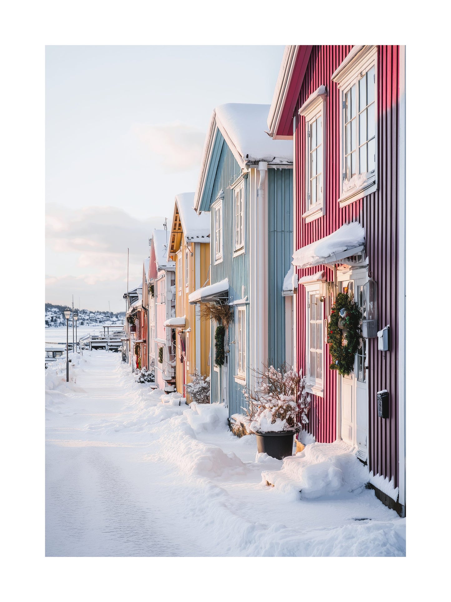 Snowy Nordic coastal town with pastel houses poster