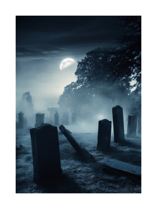 Halloween poster of a foggy graveyard with old tombstones under moonlight