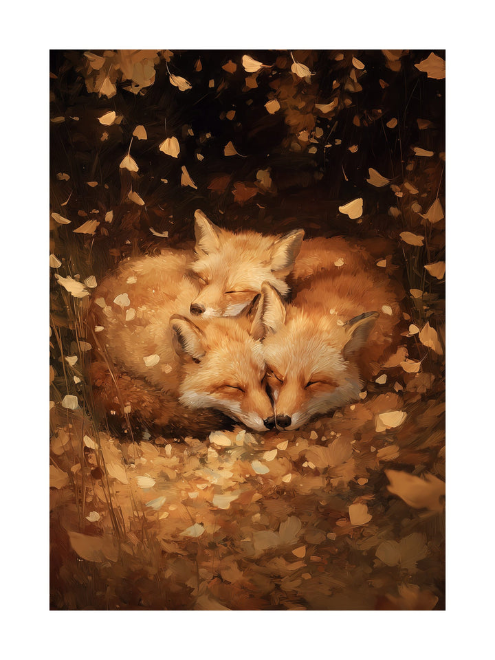 Poster of two foxes curled together under autumn leaves
