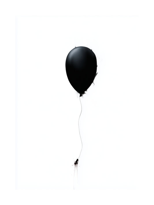Minimalist poster of a black balloon on a white background
