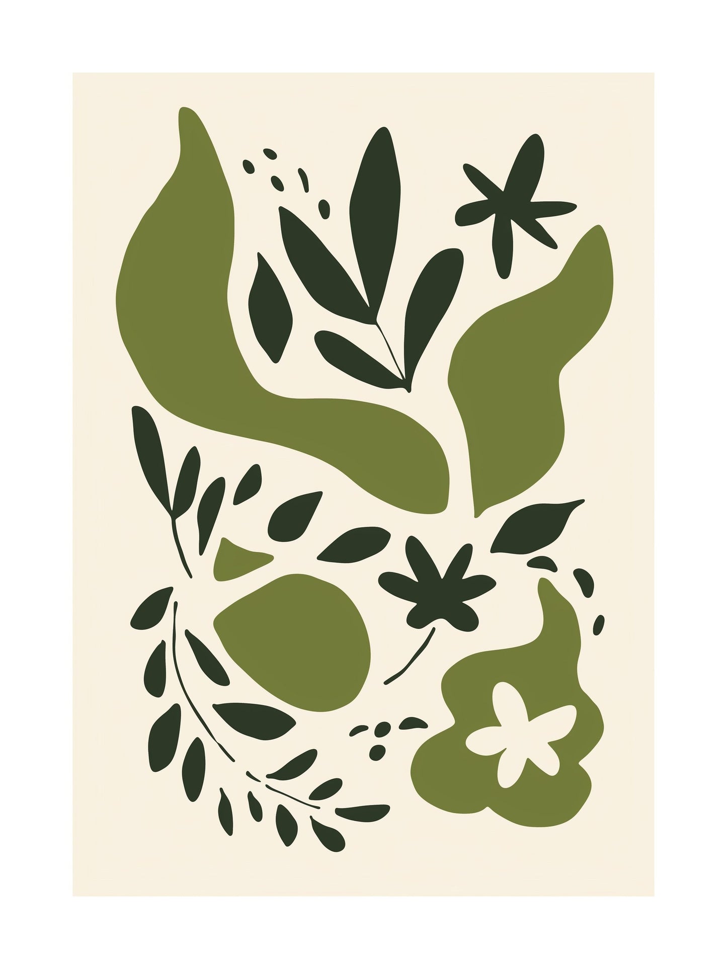 Poster featuring abstract green leaf shapes and organic patterns, perfect for modern botanical wall art