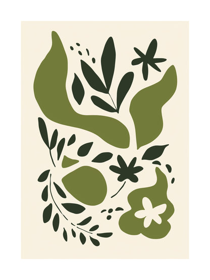 Poster featuring abstract green leaf shapes and organic patterns, perfect for modern botanical wall art
