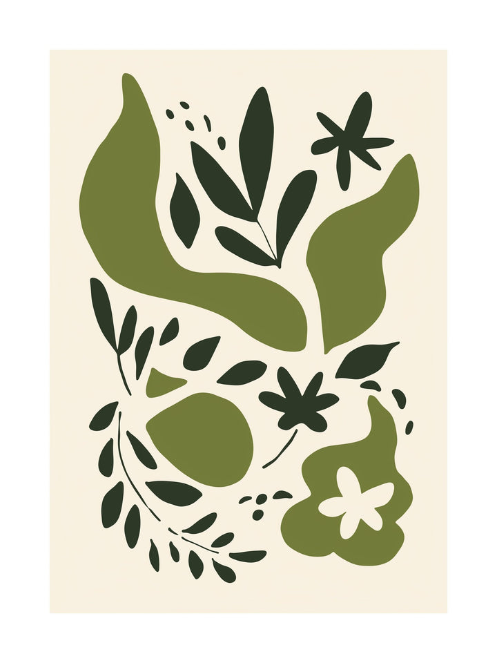 Poster featuring abstract green leaf shapes and organic patterns, perfect for modern botanical wall art