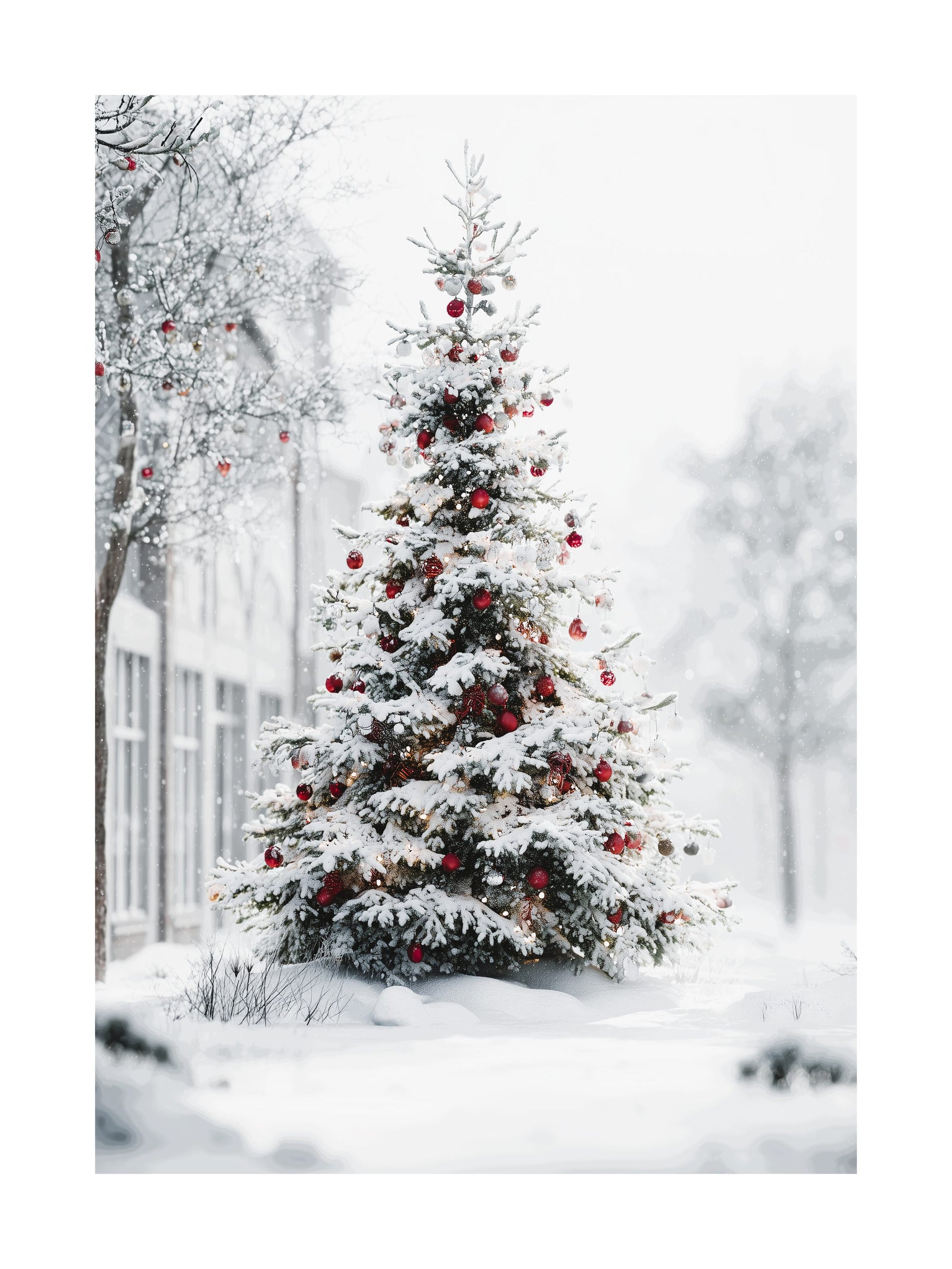 Snowy town Christmas tree poster with red ornaments and lights