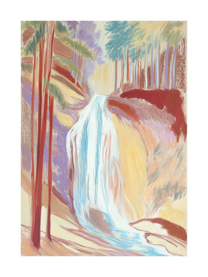 Waterfall in a colorful forest with pastel trees