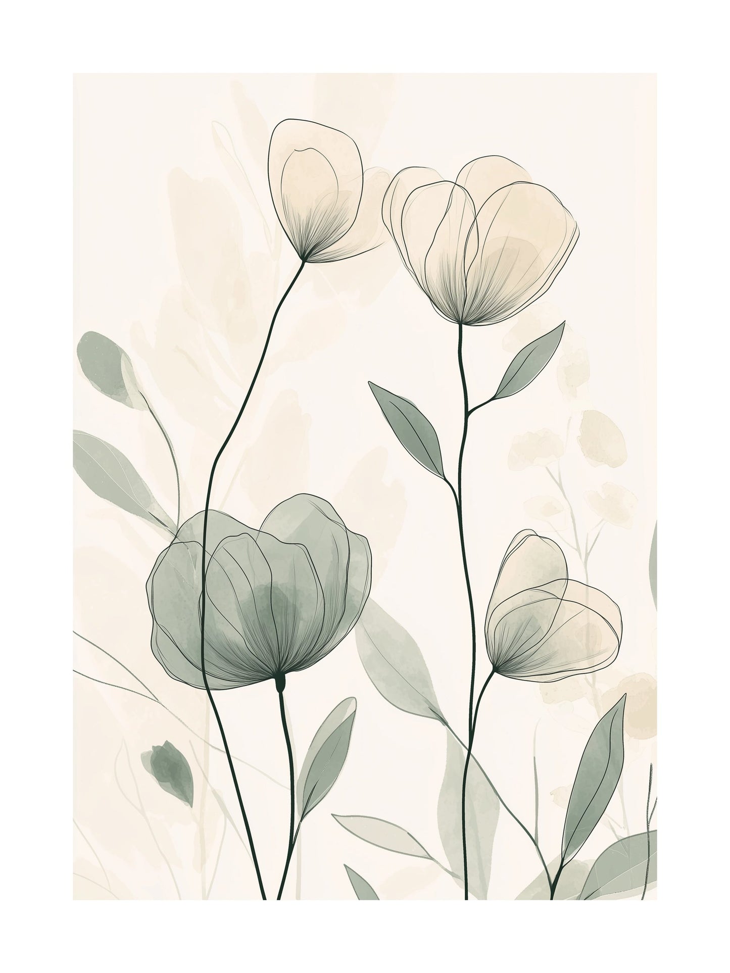 Line art wildflowers in soft sage and cream tones