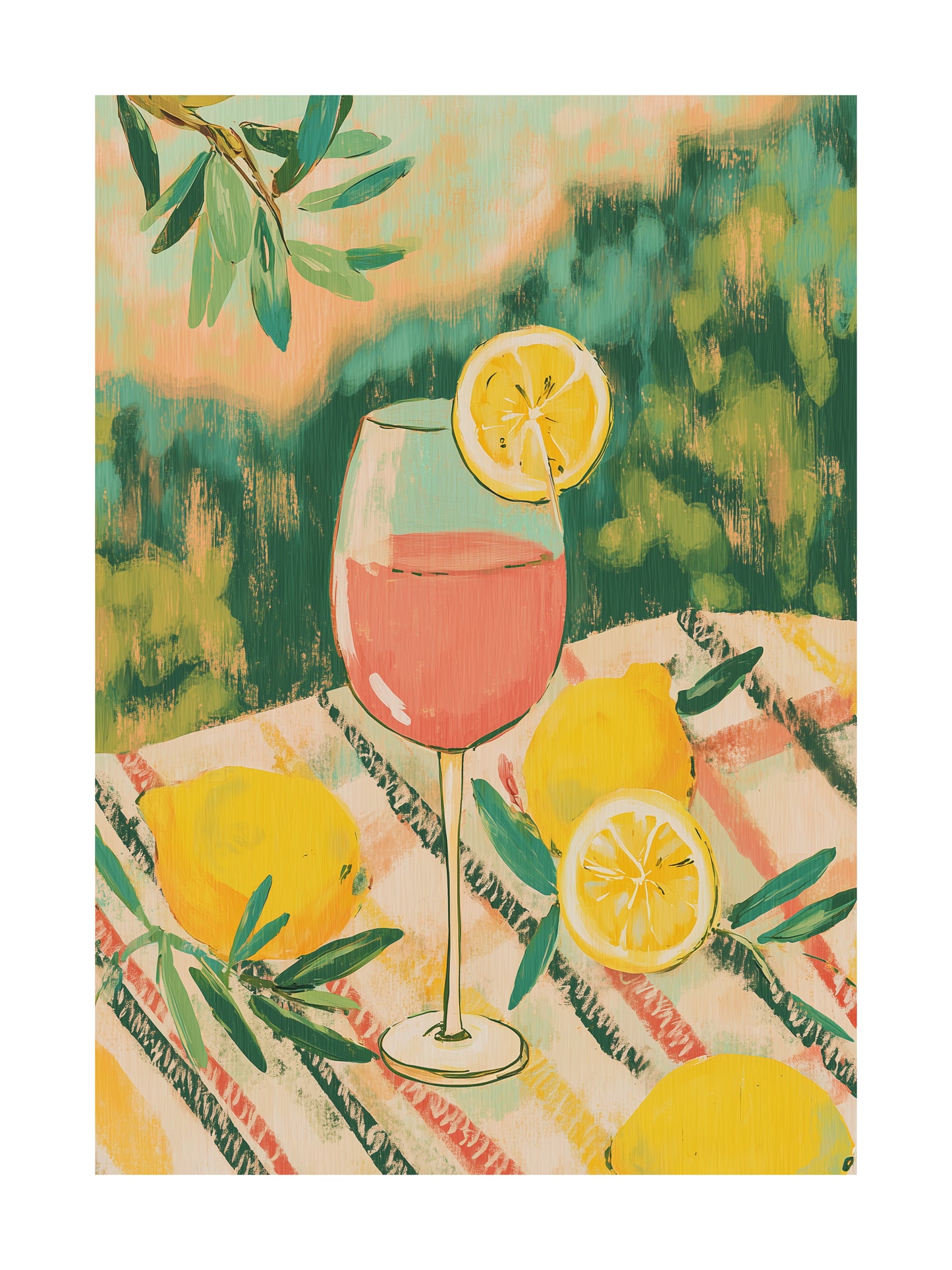 Poster of large cat curled up on picnic blanket with fruit