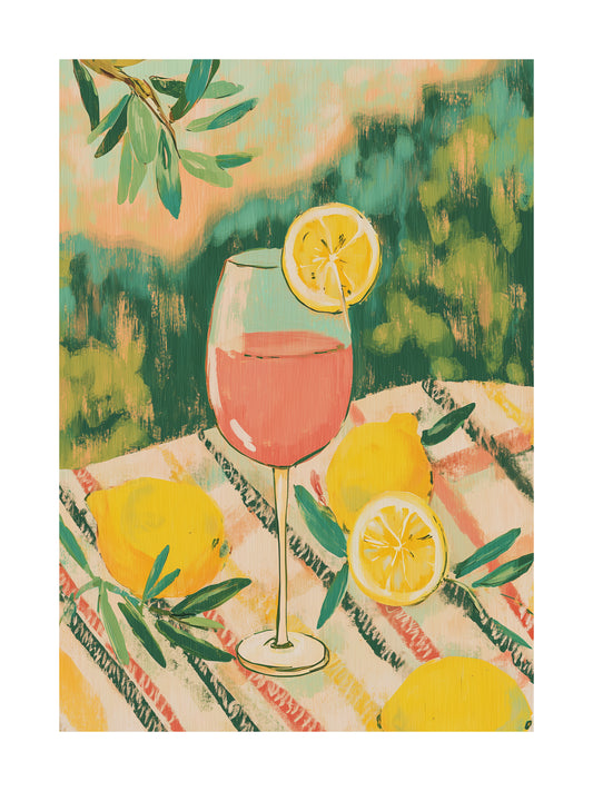 Poster of large cat curled up on picnic blanket with fruit