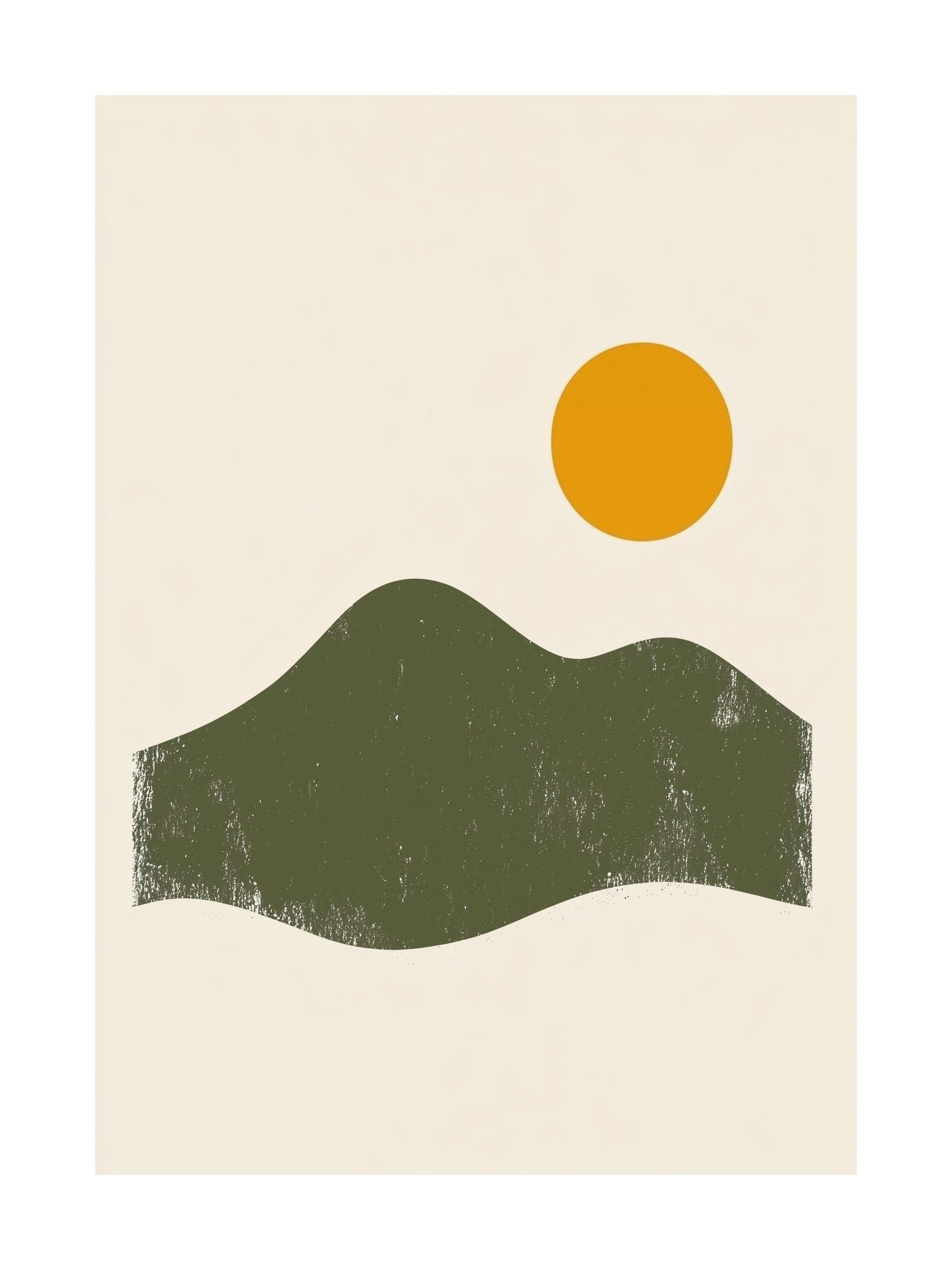 Minimalist green hill landscape with sun on cream background