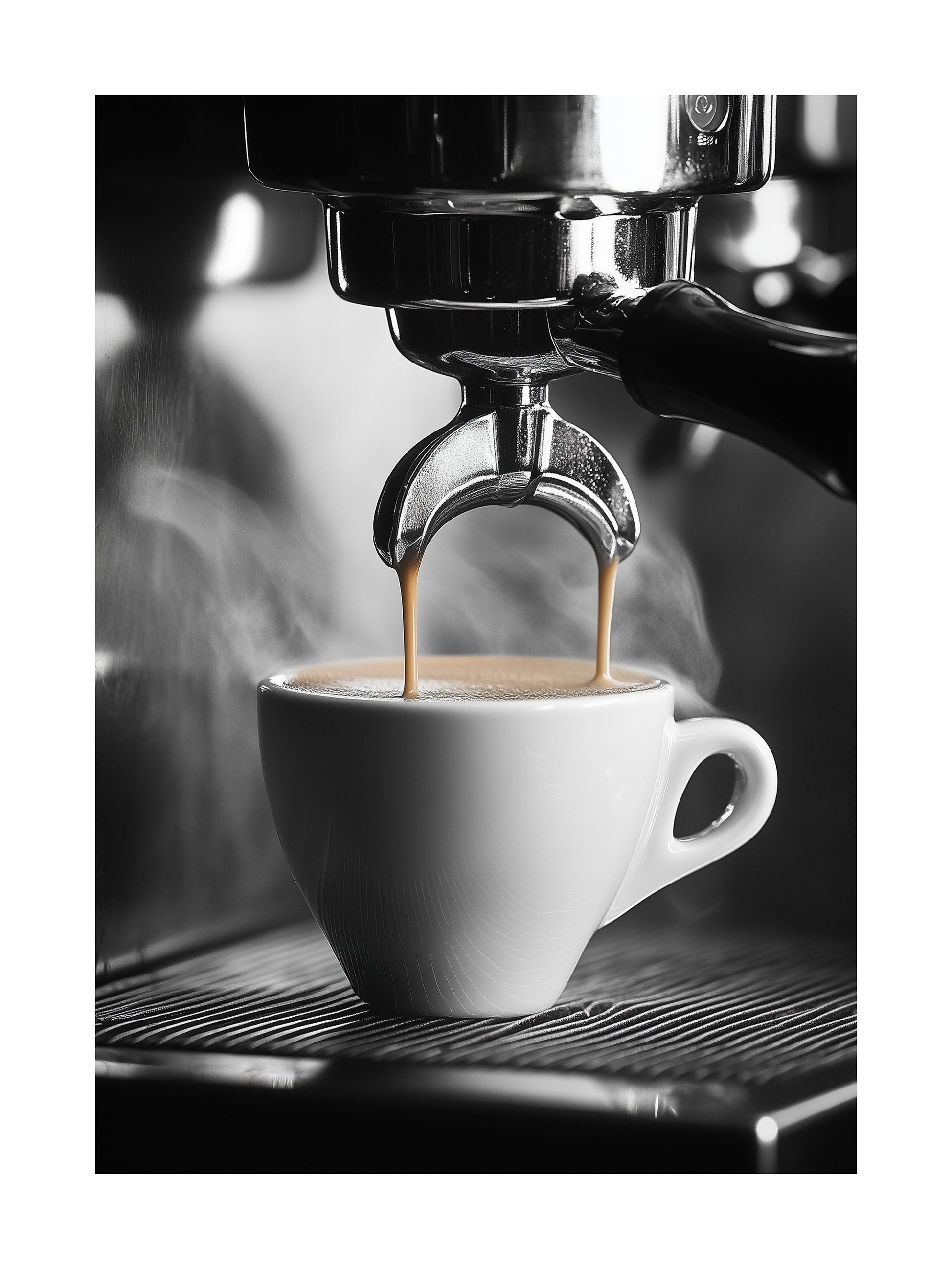 Black and white poster of espresso machine pouring coffee into a cup