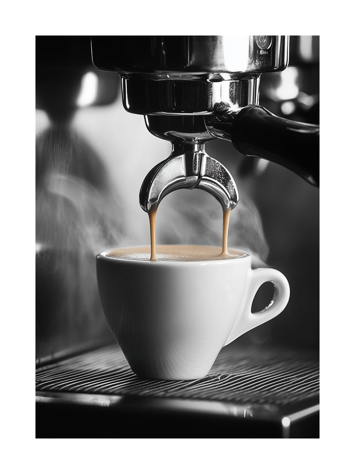Black and white poster of espresso machine pouring coffee into a cup