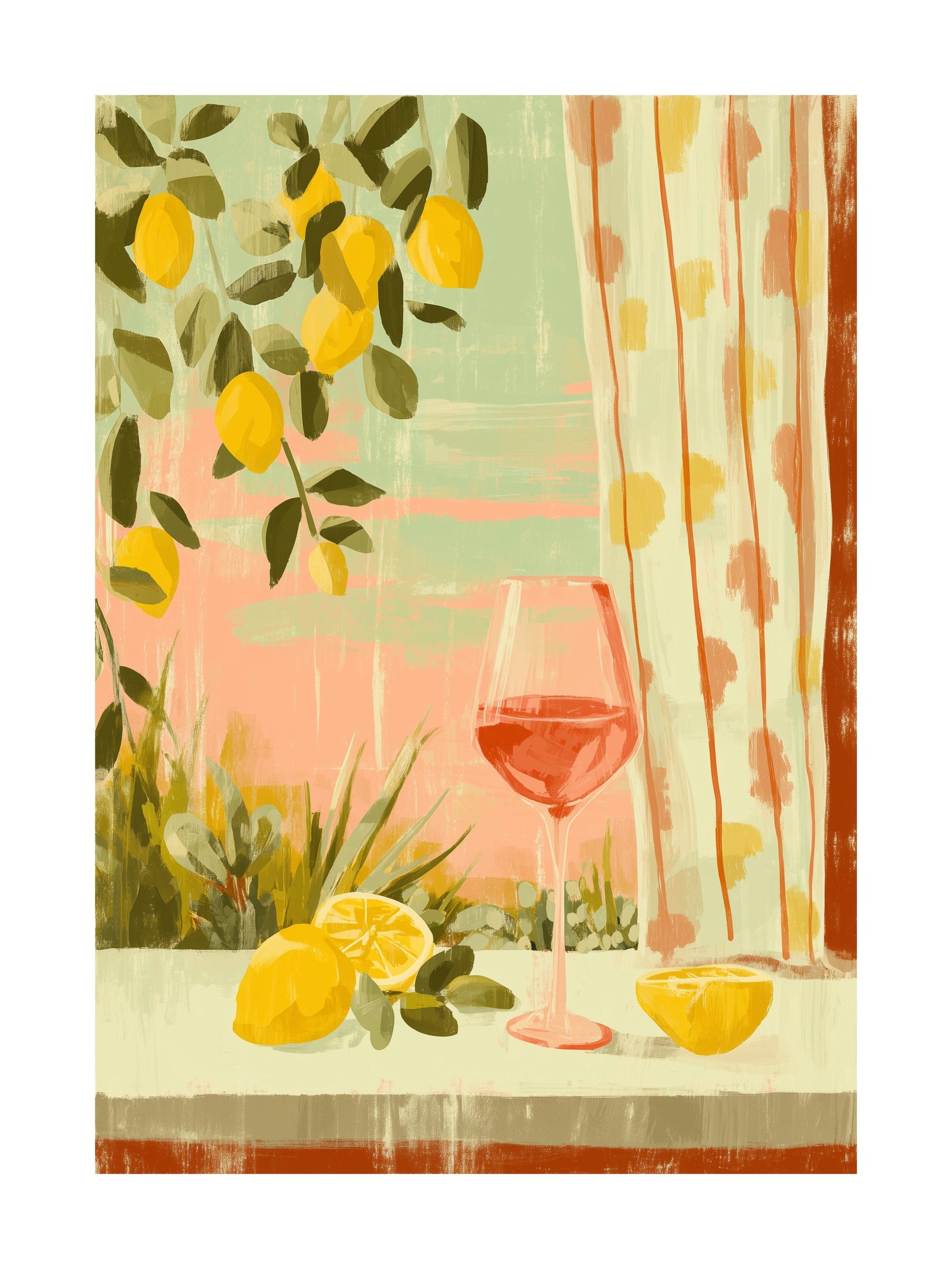 Poster of rosé wine, lemons, and striped curtain on a rustic Italian table