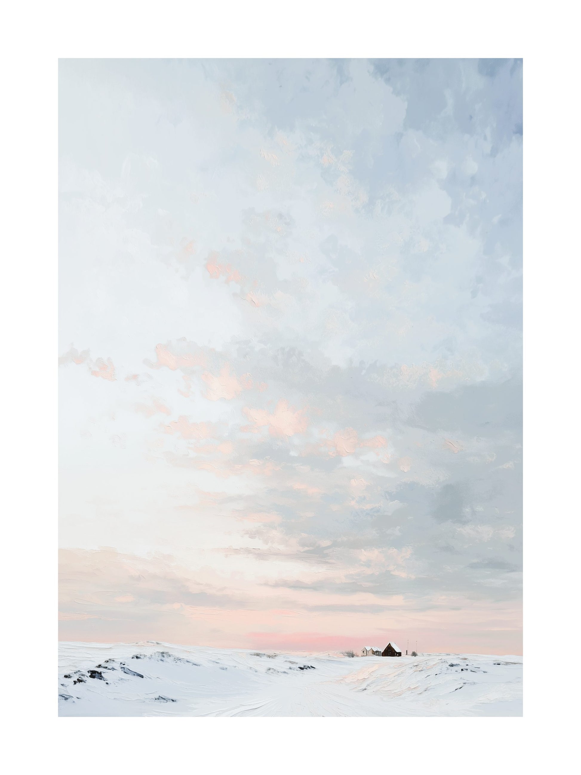 Snowy field beneath a pastel pink and beige winter sky with clouds.
