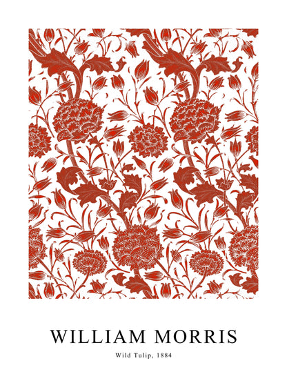 Rust red Wild Tulip poster by William Morris, showing classic floral detailing on a white background.