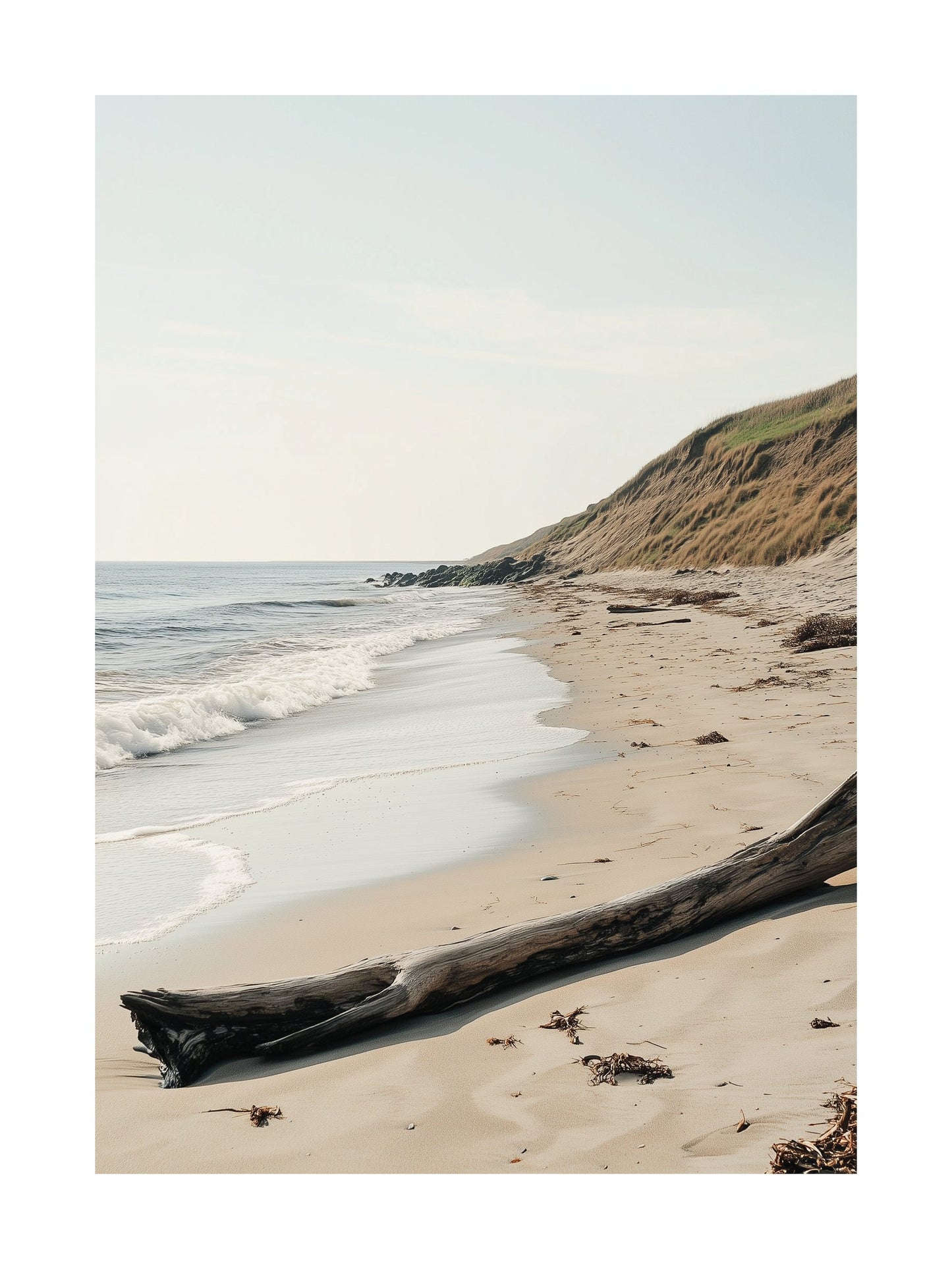 Coastal poster of a peaceful beach with waves and sandy dunes