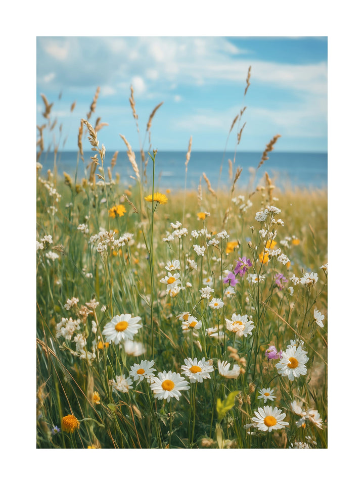 Poster of blooming wildflowers with a view of the sea in the background