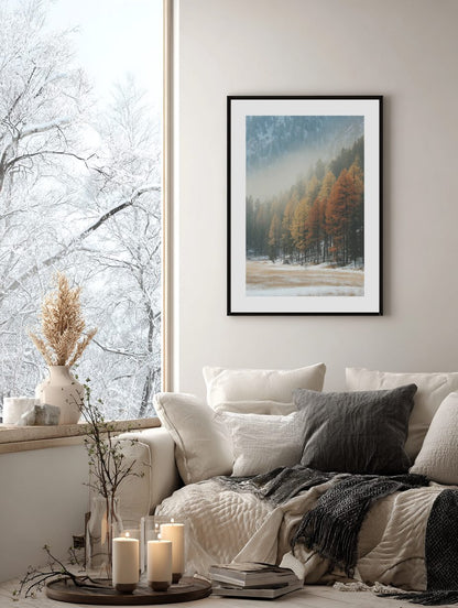 Autumn Pines in Winter Mist Poster