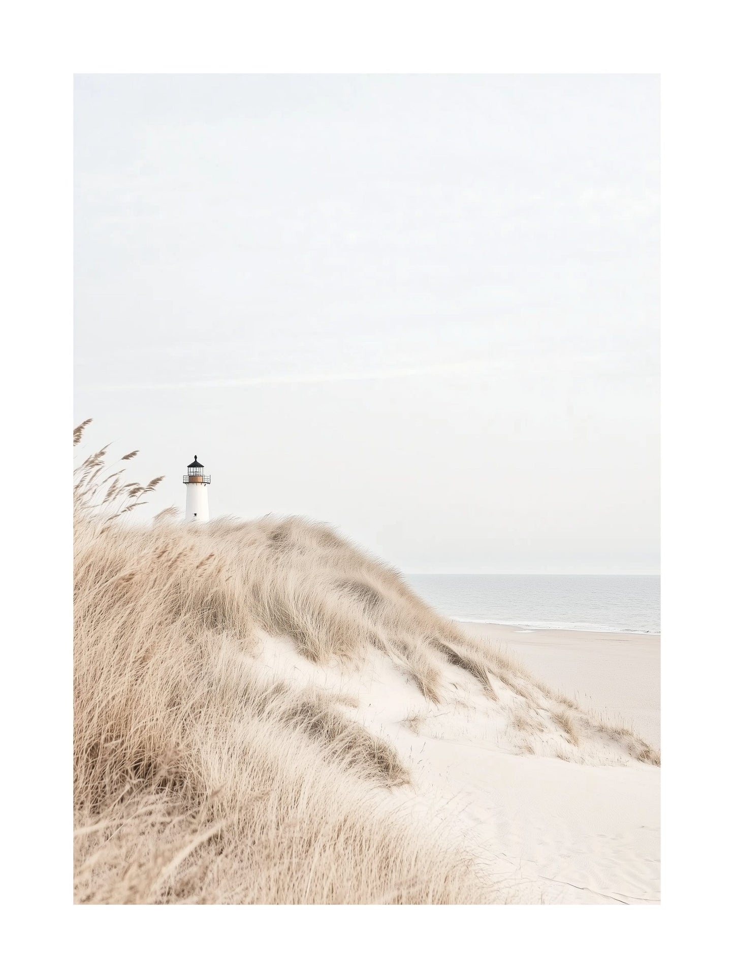 Scandinavian coastal poster featuring a lighthouse behind sandy dunes with beige grasses