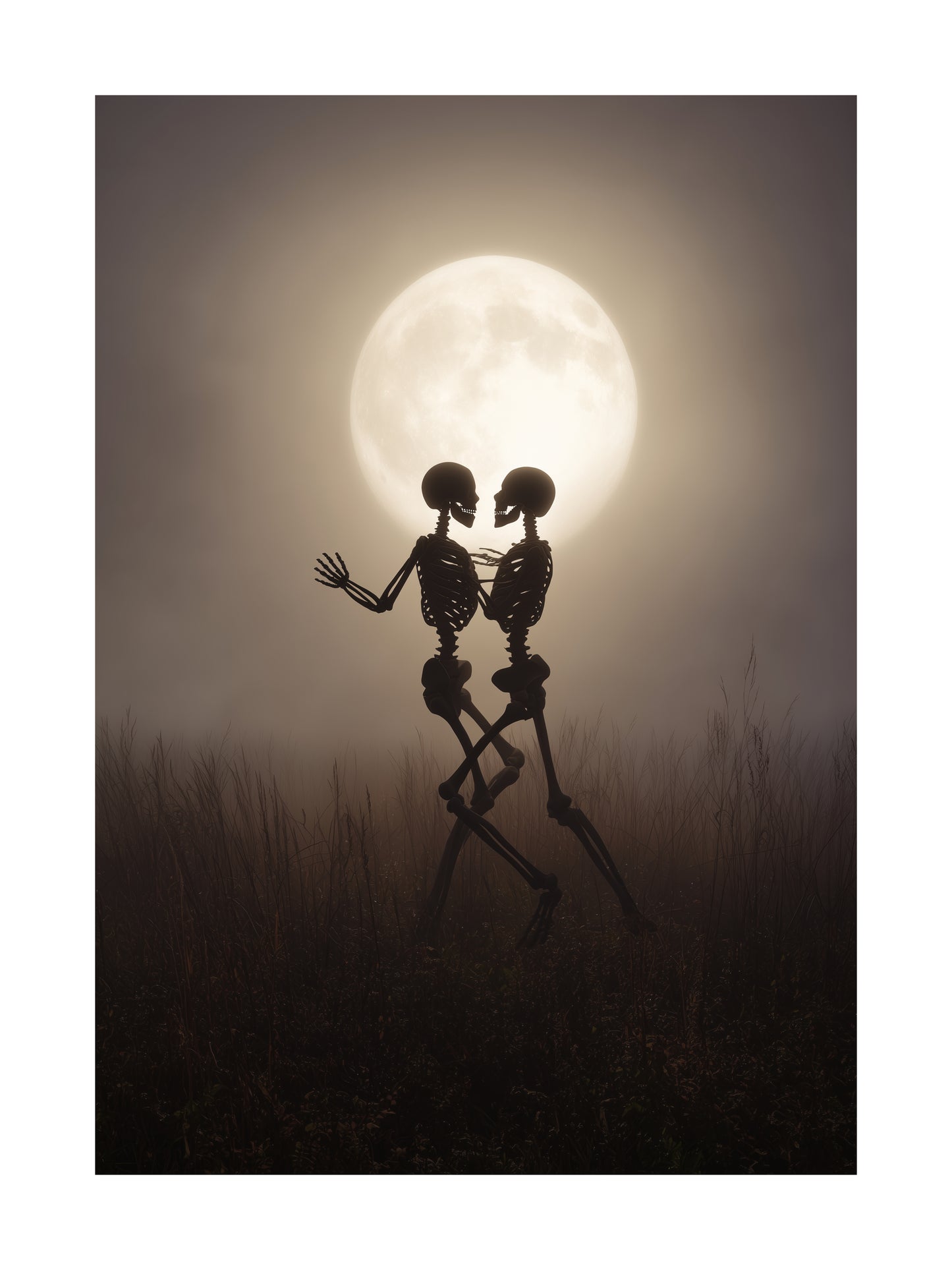 Poster of two skeletons dancing under the full moon