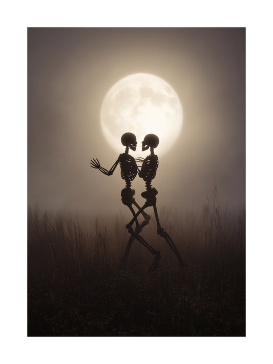 Poster of two skeletons dancing under the full moon