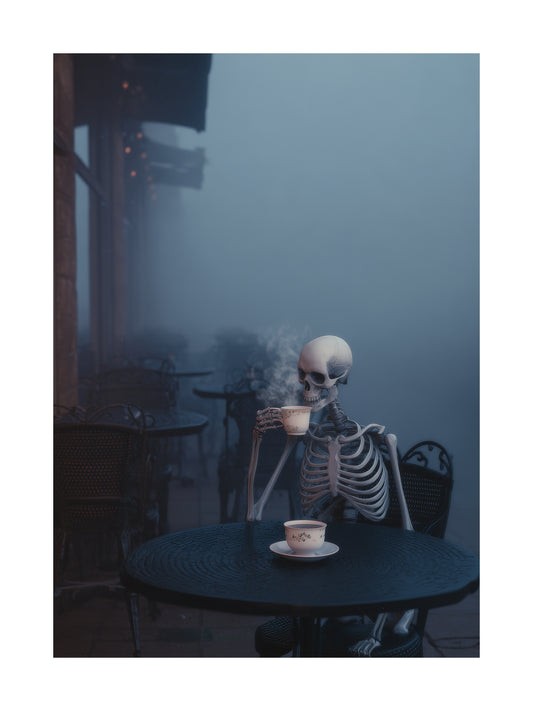 Poster of a skeleton drinking coffee at an outdoor café in the fog