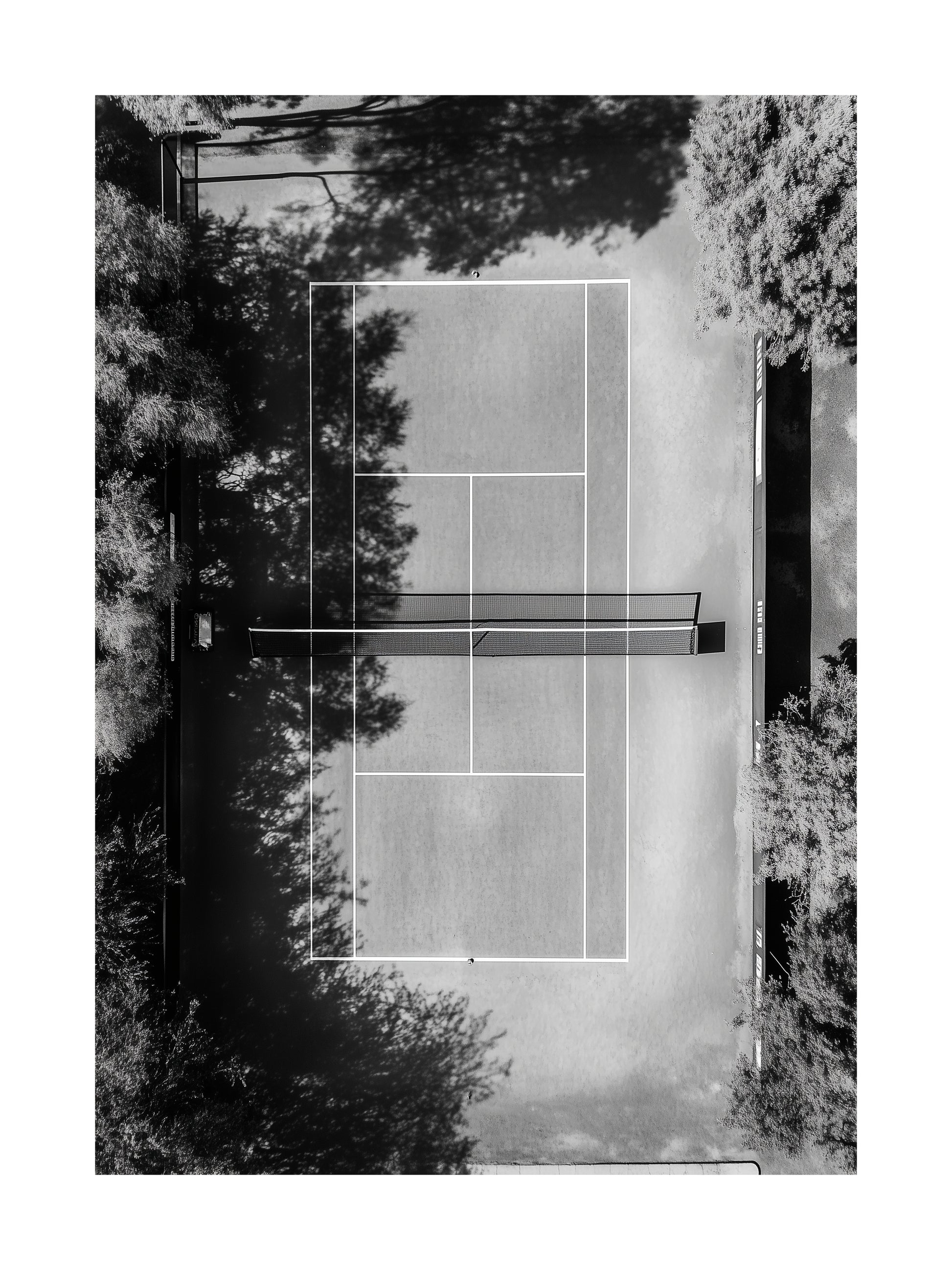 Overhead photo of tennis court in black and white – modern sport poster