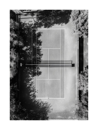 Overhead photo of tennis court in black and white – modern sport poster
