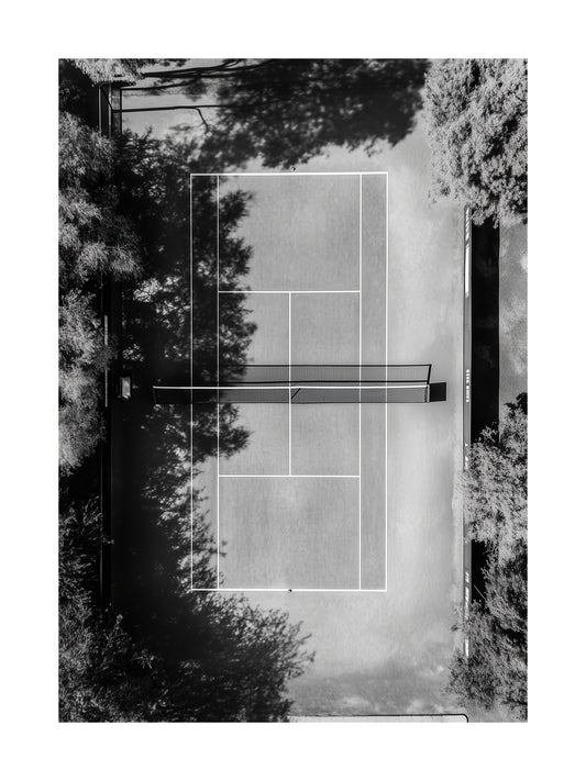 Overhead photo of tennis court in black and white – modern sport poster
