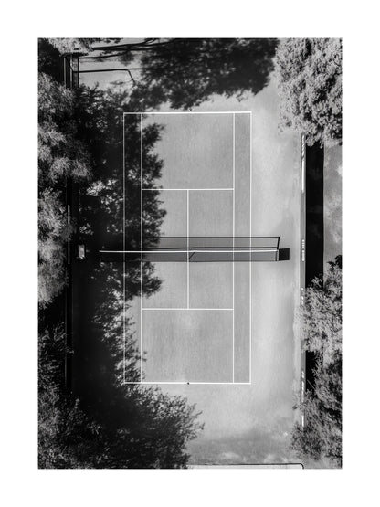 Overhead photo of tennis court in black and white - modern sport poster
