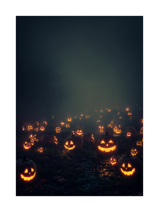 Poster of a glowing pumpkin patch at night