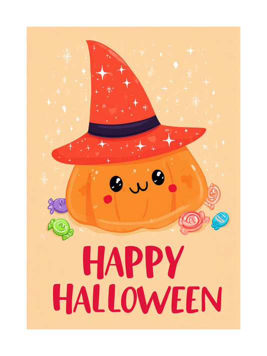 Cartoon pumpkin with witch hat and candy with Happy Halloween text