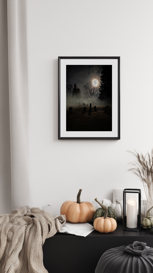Foggy Graveyard at Night Poster