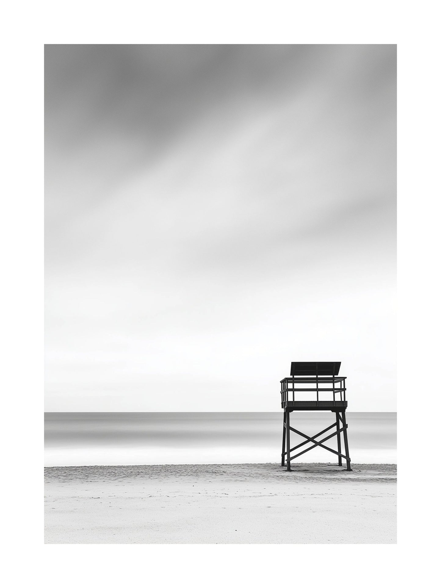 Black and white beach scene with lifeguard tower - minimalist coastal poster