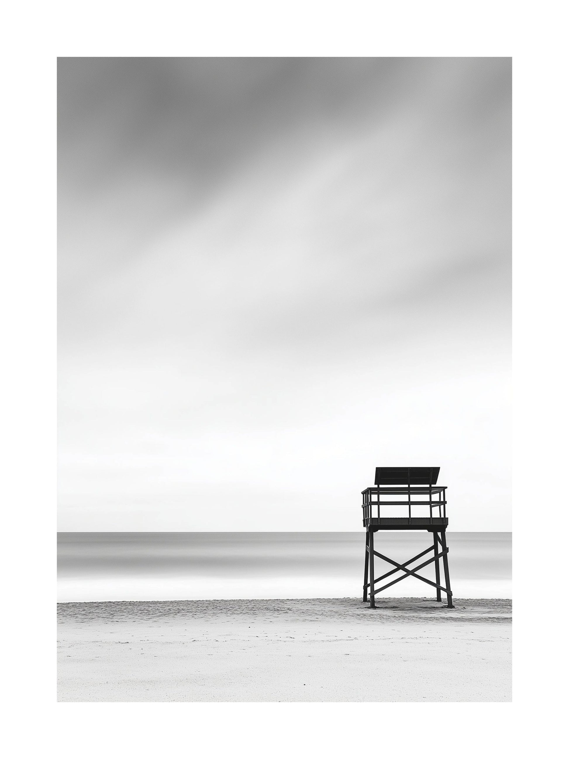 Black and white beach scene with lifeguard tower - minimalist coastal poster