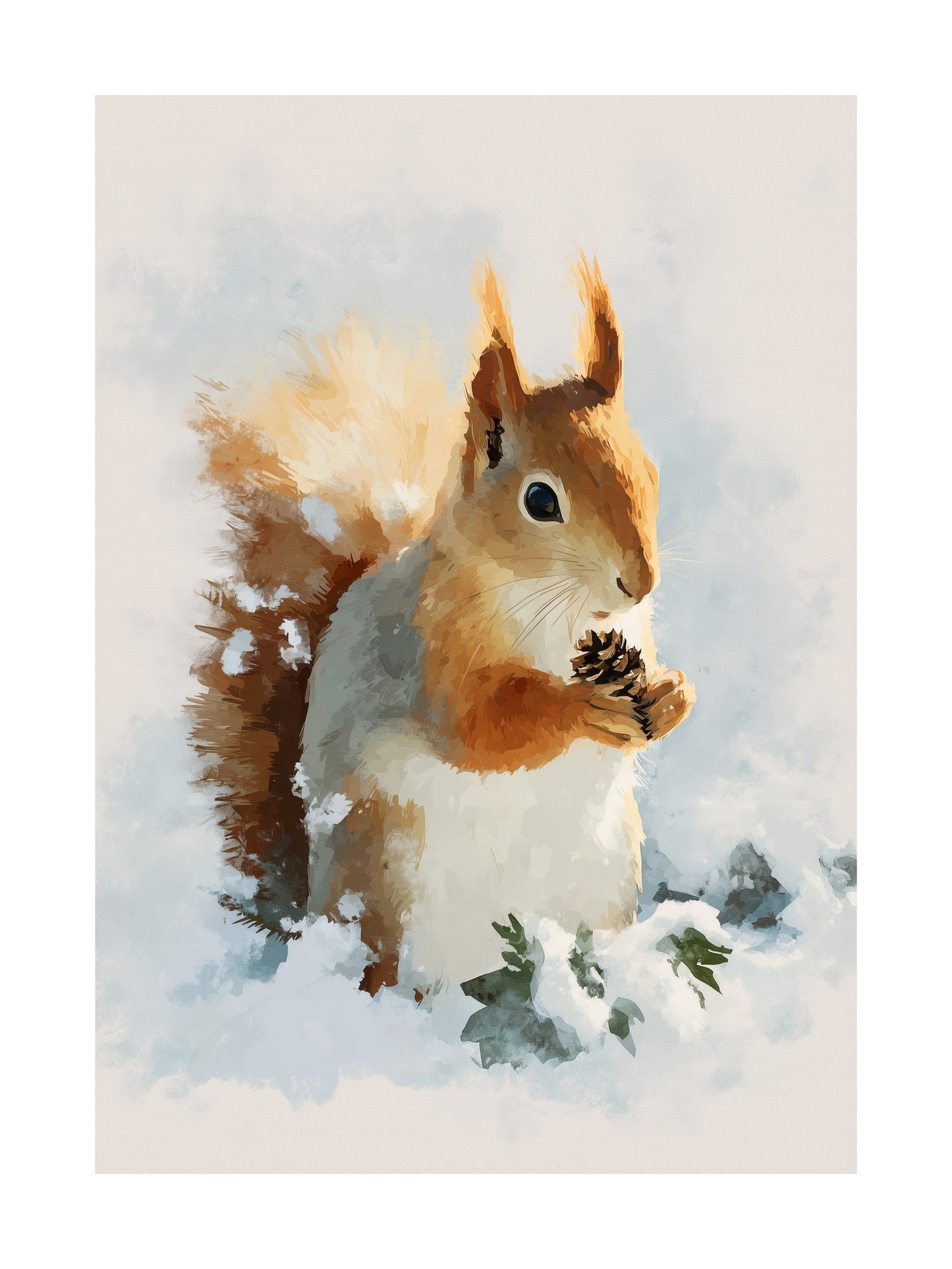 Painting of red squirrel holding pinecone in snow with soft background