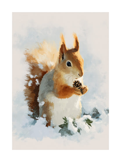 Painting of red squirrel holding pinecone in snow with soft background