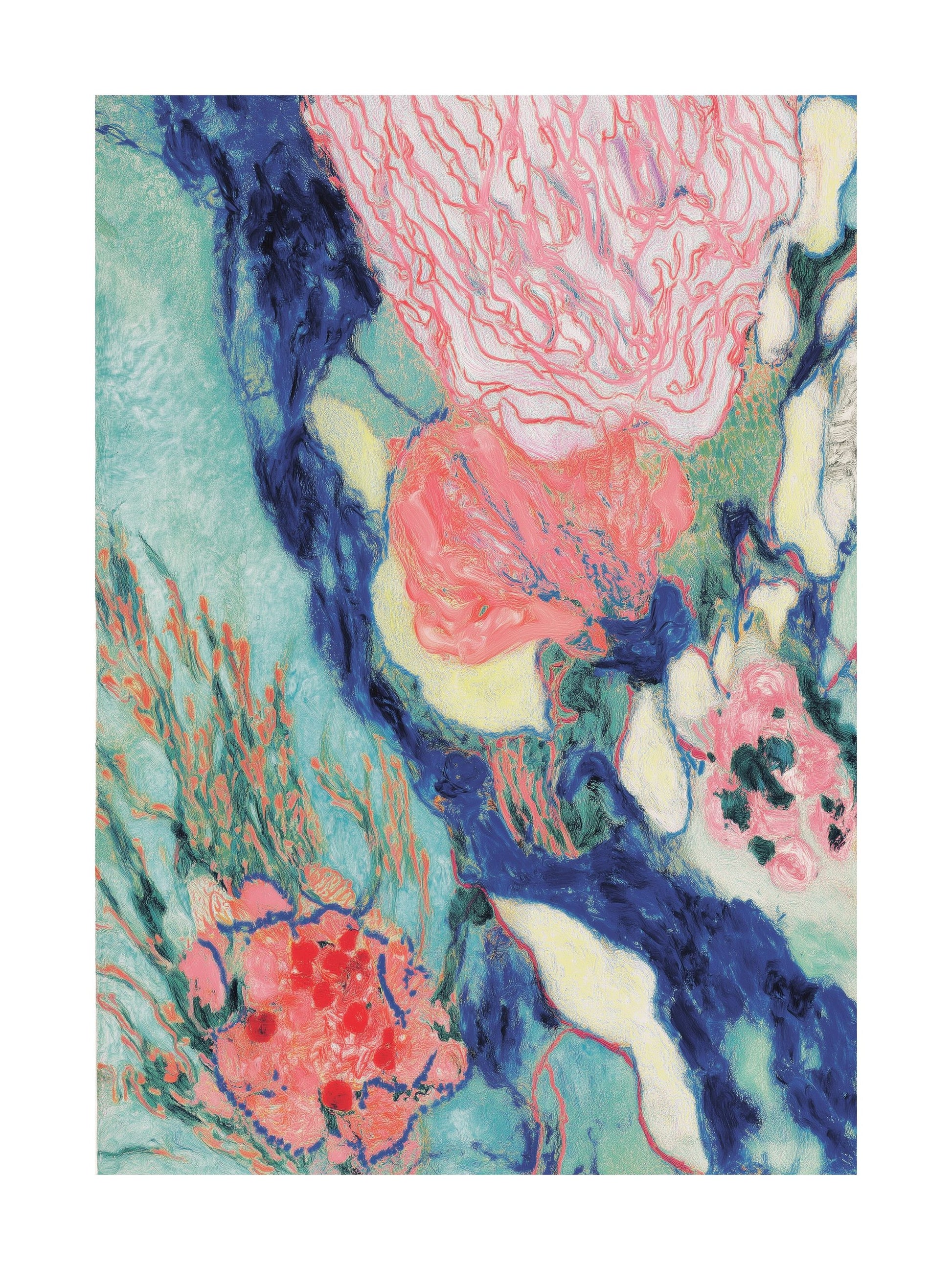 Abstract pastel floral painting with coral and teal tones