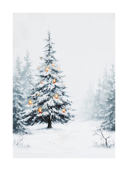 Snow-covered Christmas tree glowing in winter forest painting