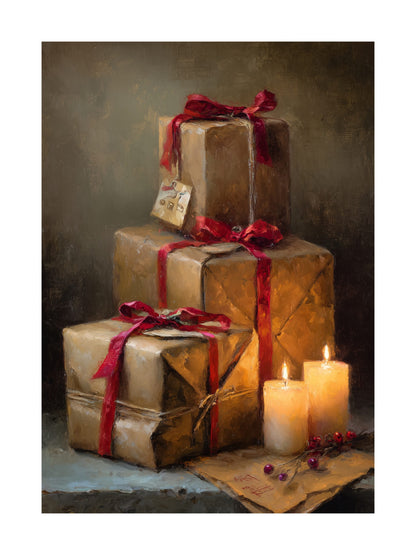 Oil painting of stacked brown paper gifts tied with red ribbons beside candles