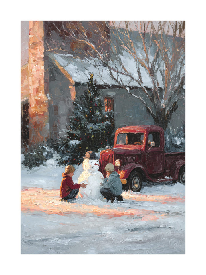 Children building a snowman by a red truck Christmas painting