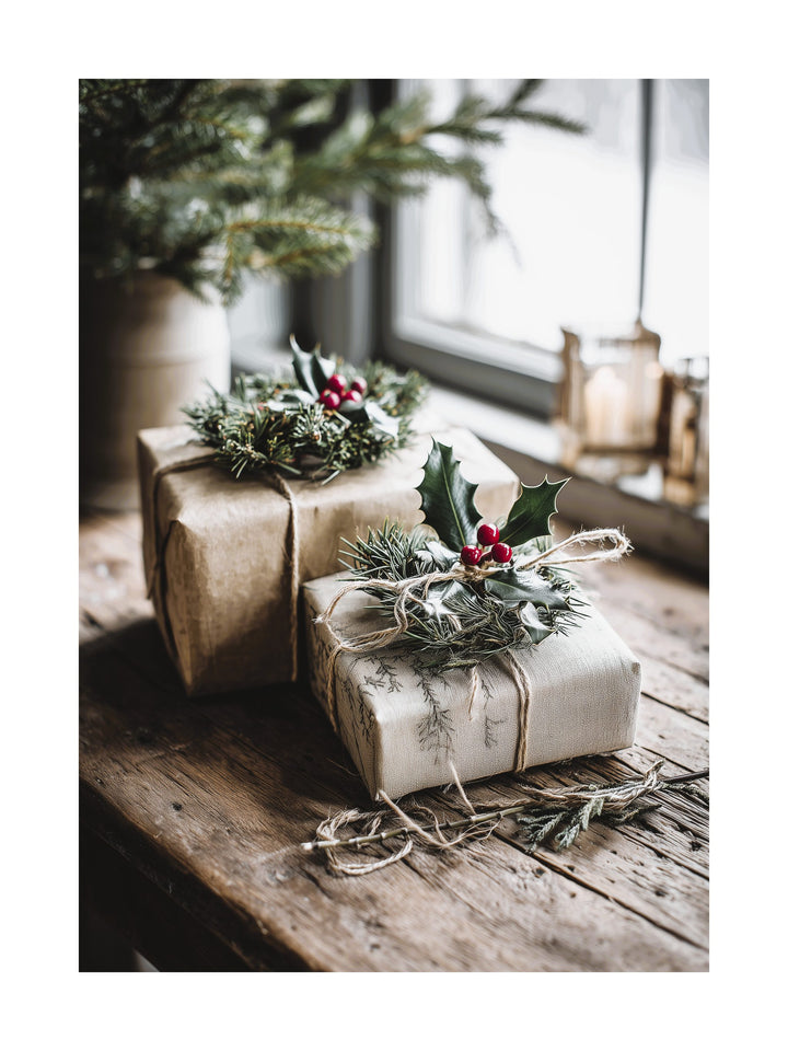 Rustic Christmas gifts with pine and holly on wooden table poster