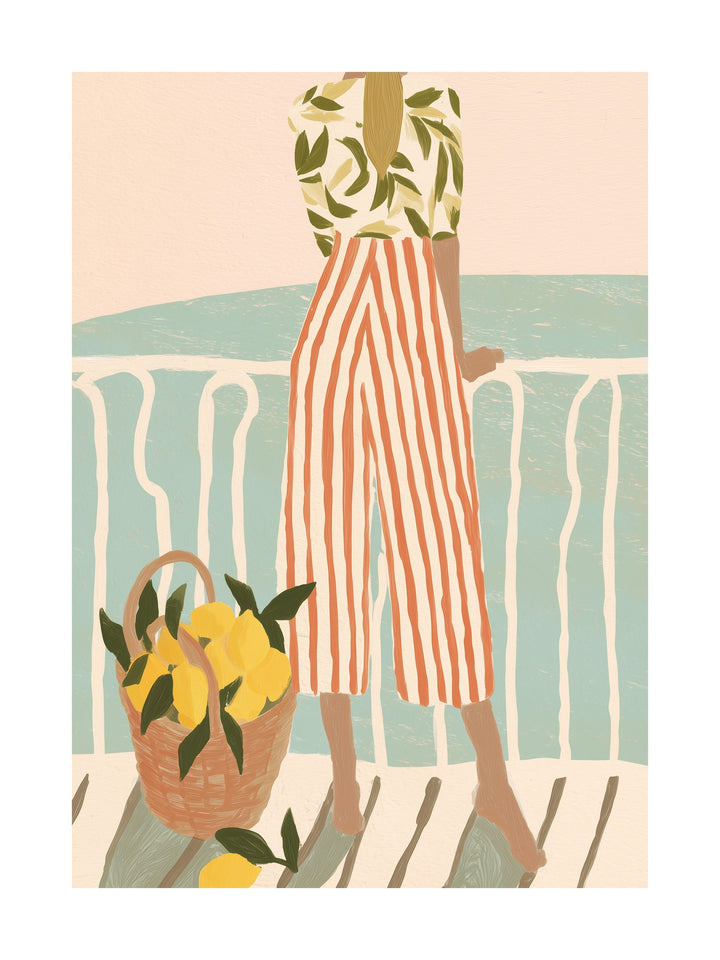 Poster of woman holding peach halves over her eyes with trees behind