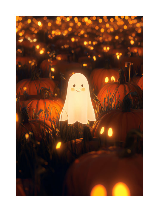 Halloween poster of a glowing cute ghost floating among pumpkins