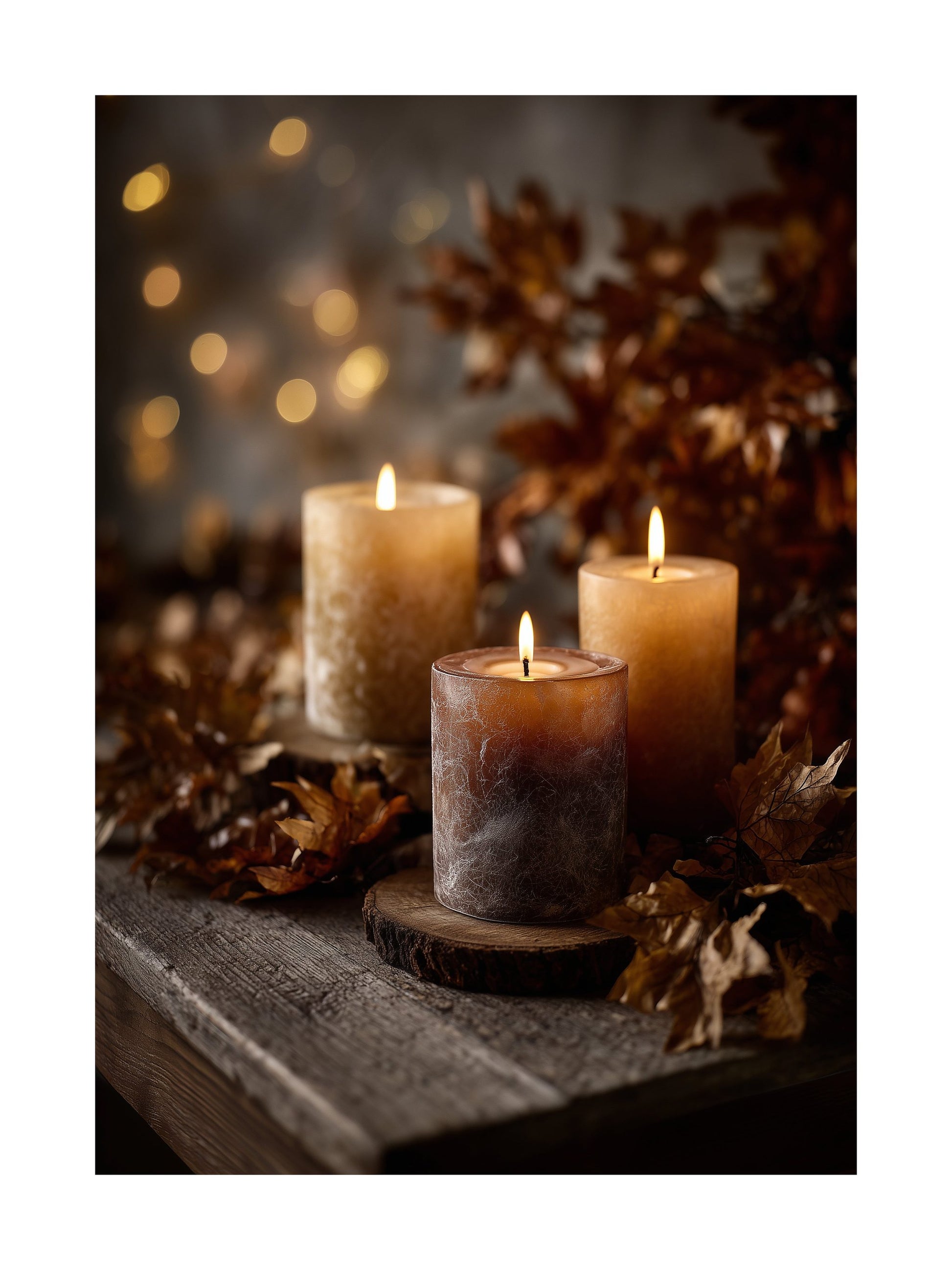 Poster of glowing autumn candles on rustic wooden table